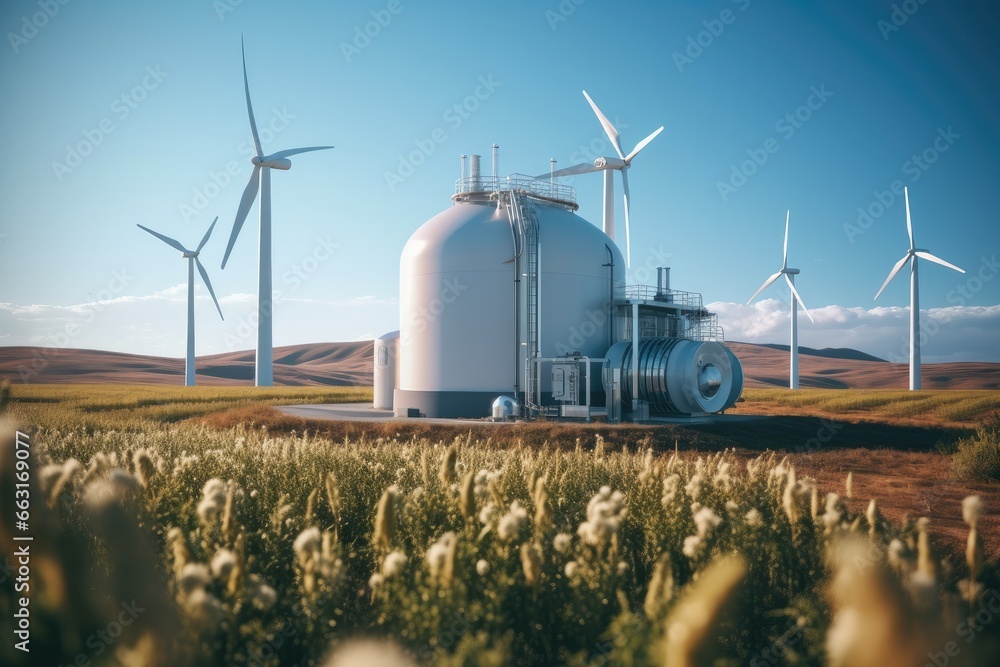 Small clean white hydrogen plant with a wind turbine and a silo.