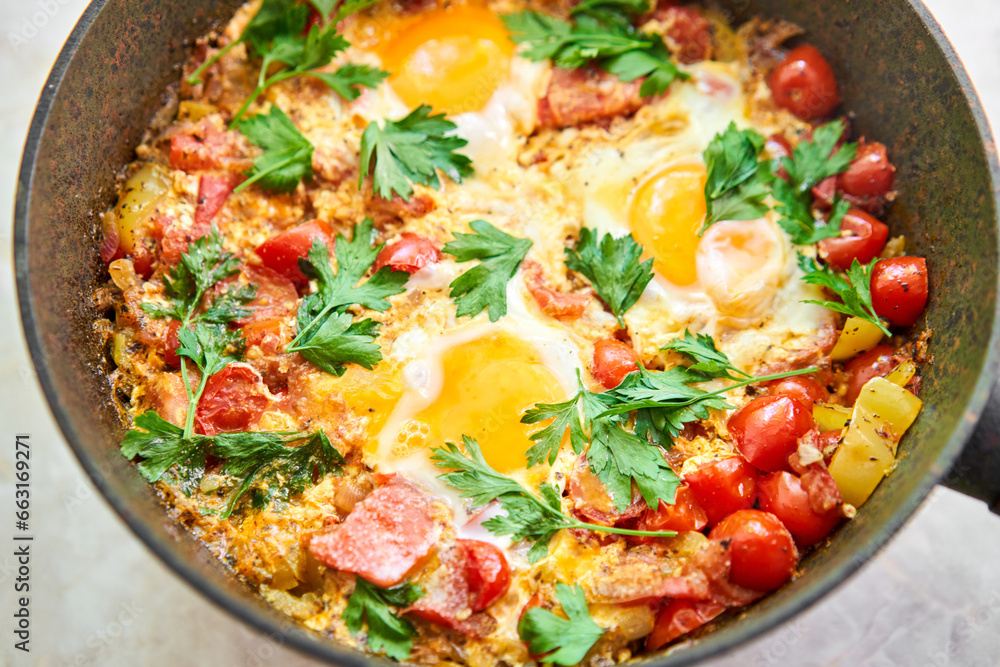 Shakshouka for breakfast. Homemade shakshuka, fried eggs, onion, bell pepper, tomatoes and parsley in a pan. Marble background. Top view. chakchouka