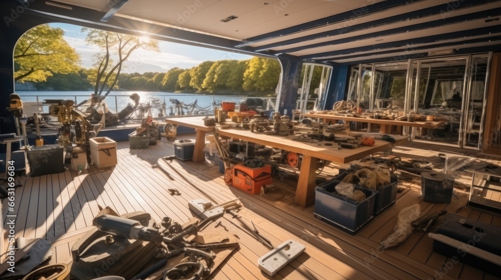 Super yacht decking workshop with tools in foreground.