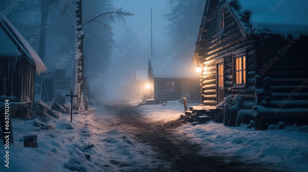 The cozy cabins of a foggy winter village.