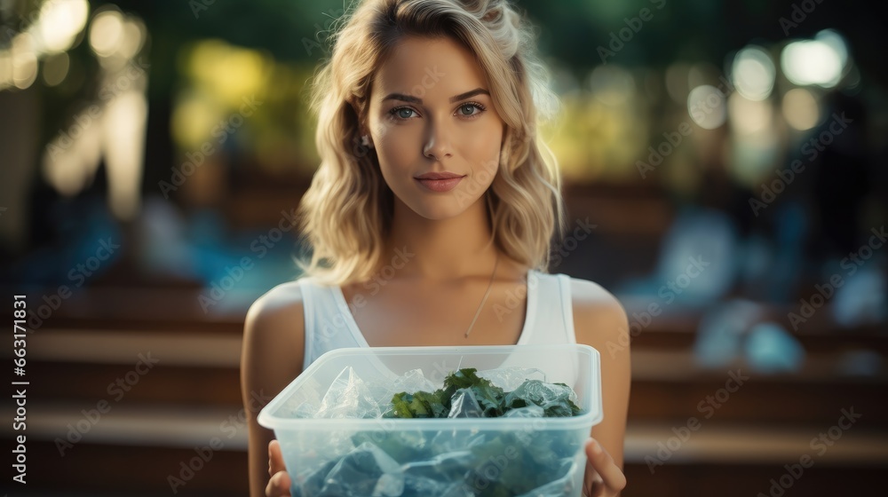 Woman holding a garbage box recycling, concept Recycle.