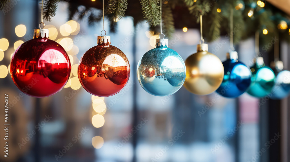 Christmas baubles hanging outdoors in a winter city