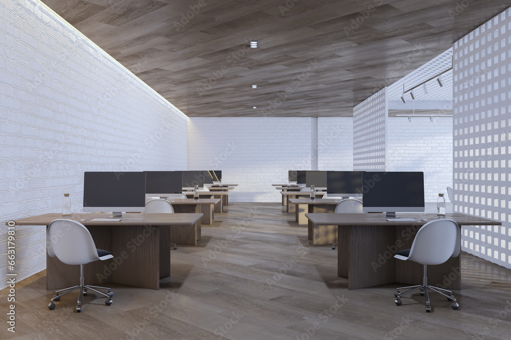 Modern coworking office interior with furniture, other objects and daylight. 3D Rendering.