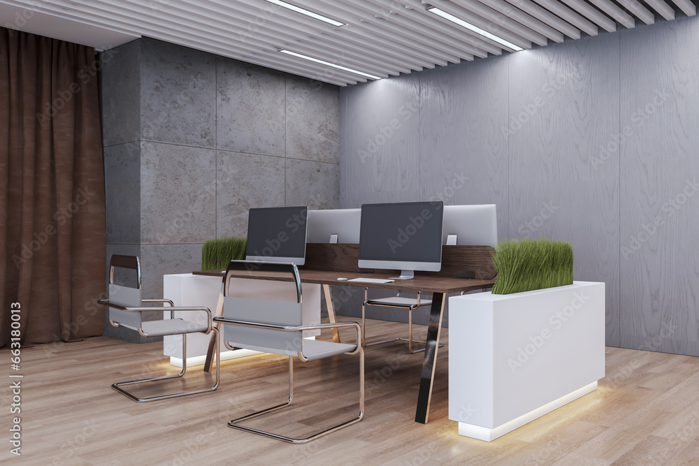 Clean coworking office interior with wooden flooring, furniture and plant partitions. 3D Rendering.