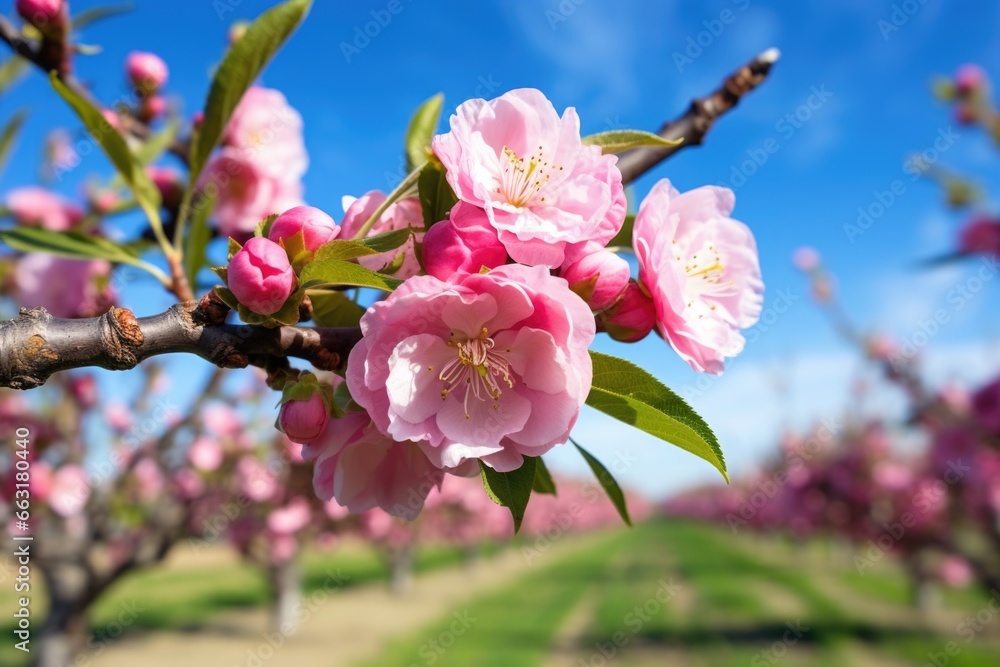 pink blossoms blooming on a peach tree in an orchard