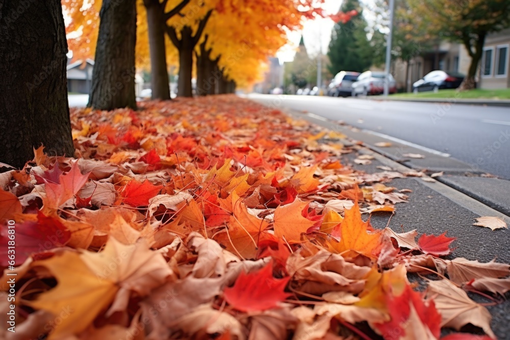 vibrant autumn leaves on a sidewalk