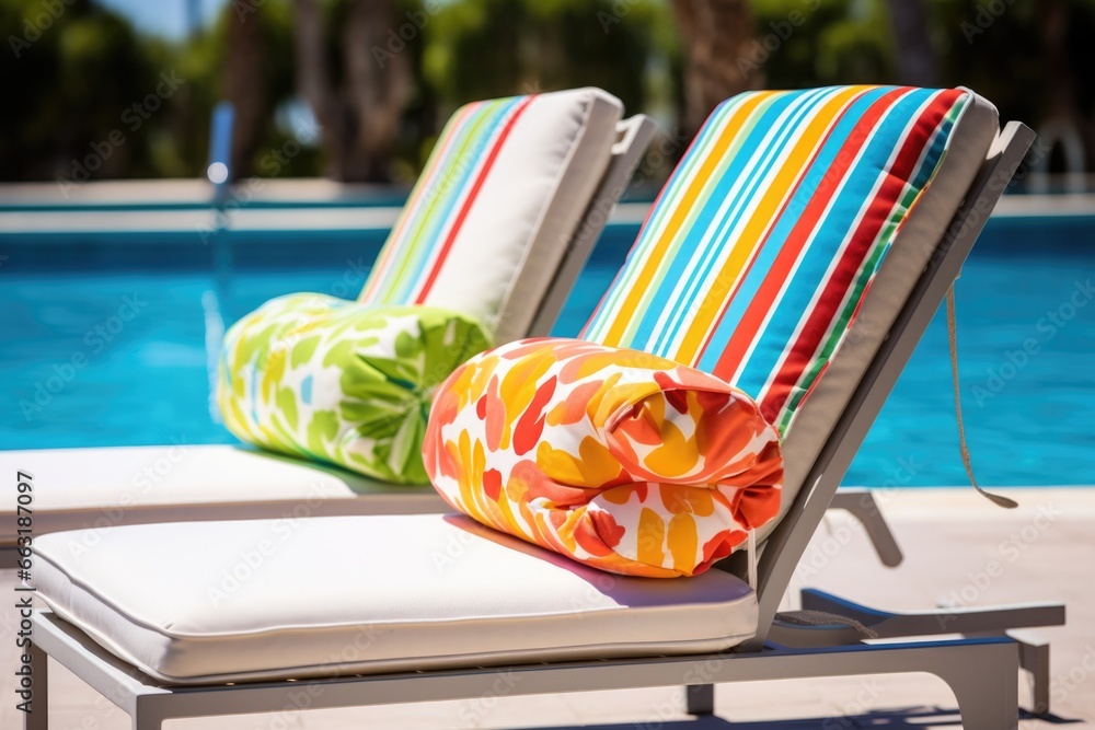 poolside lounge chairs with vibrant cushions