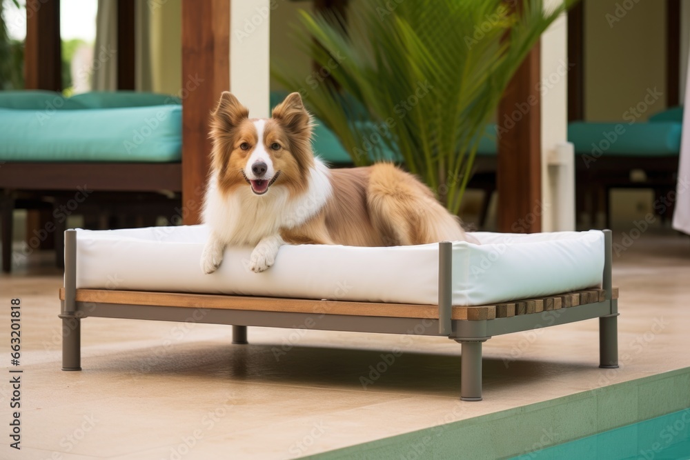 an elevated pet bed by the outdoor pool