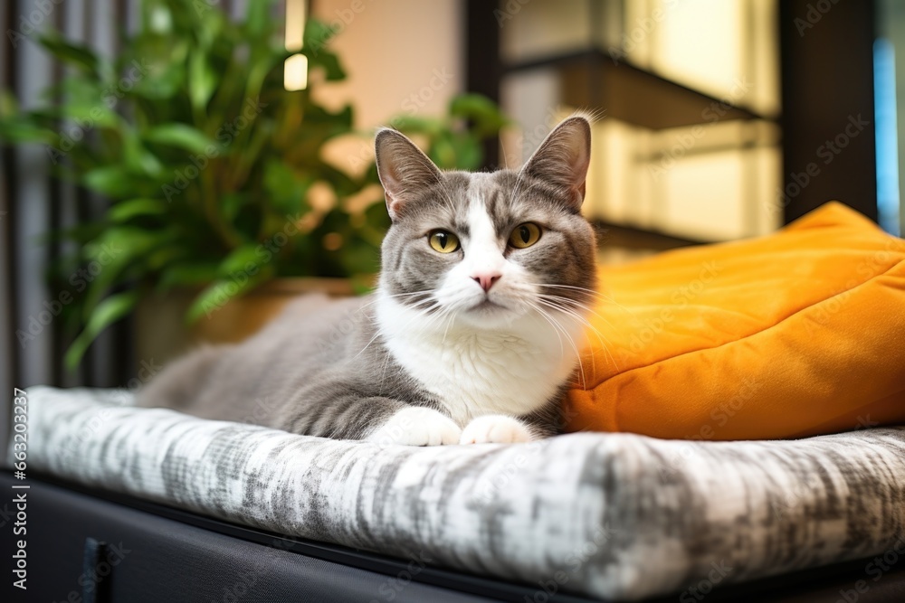 a cat lounging on a high-quality pet bed in a modern hotel room