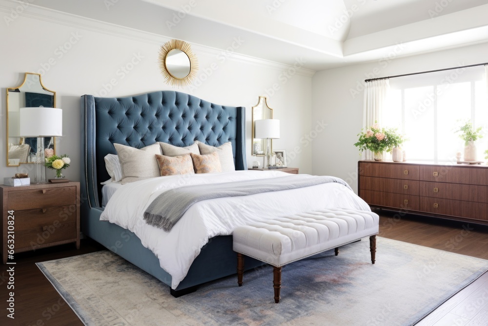 a master bedroom with a walk-in closet and velvet tufted headboard