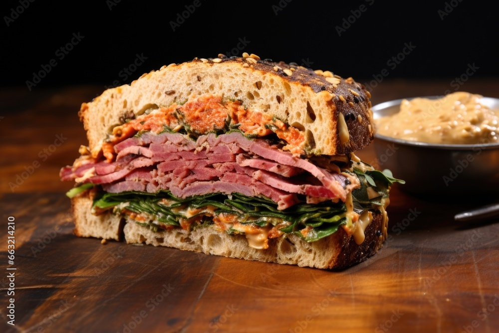 sandwich with spicy mayo and thick cut of roast beef