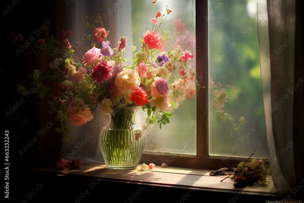 Floral arrangement by the window. Generative AI