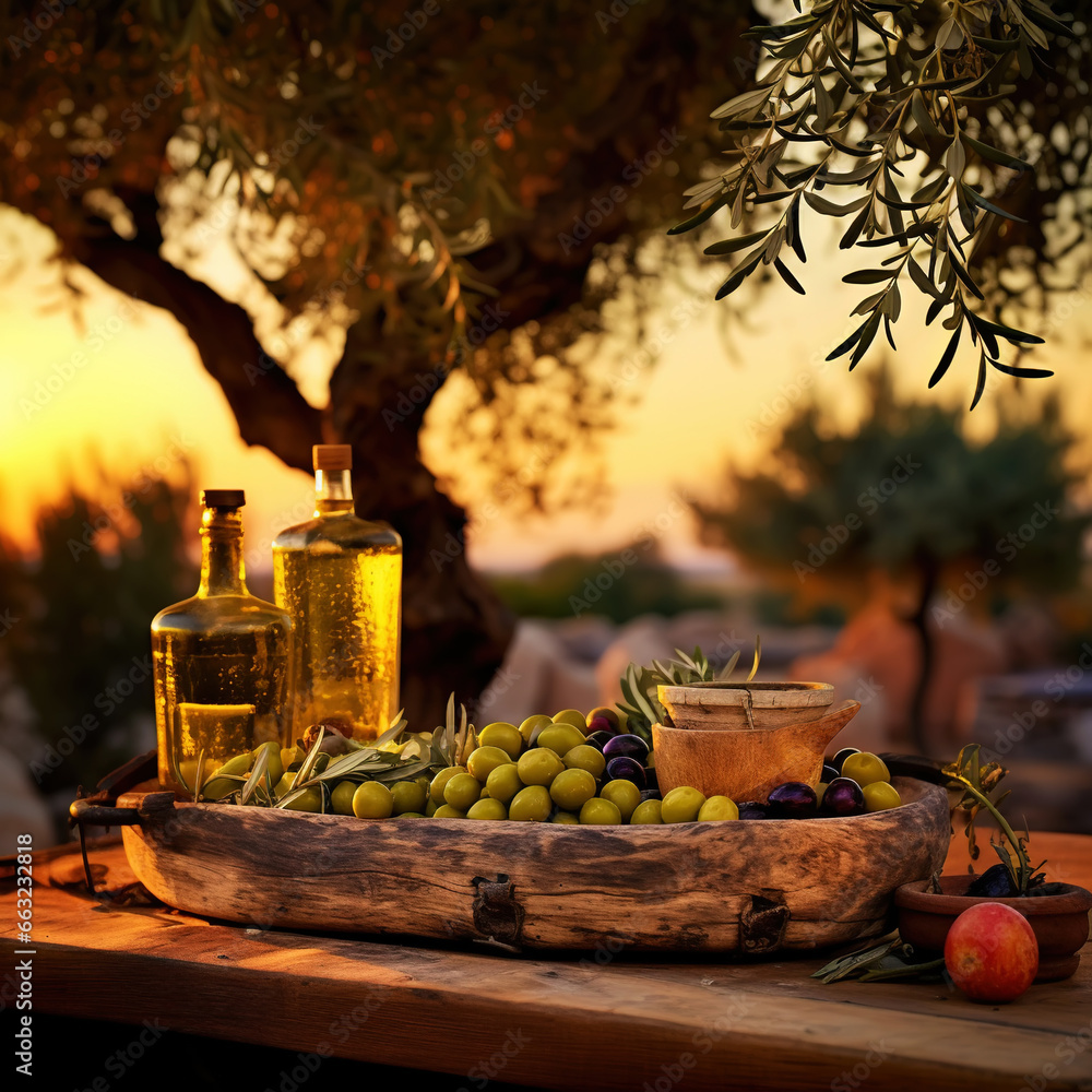 Bottles with organic olive oil and olives on a wooden table on the background of sunset in an farm garden. Generative AI