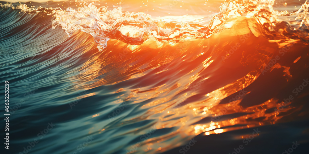 Closeup of the ocean wave. The sea in the light of summer sunset. Travel, vacation concept. Generative AI