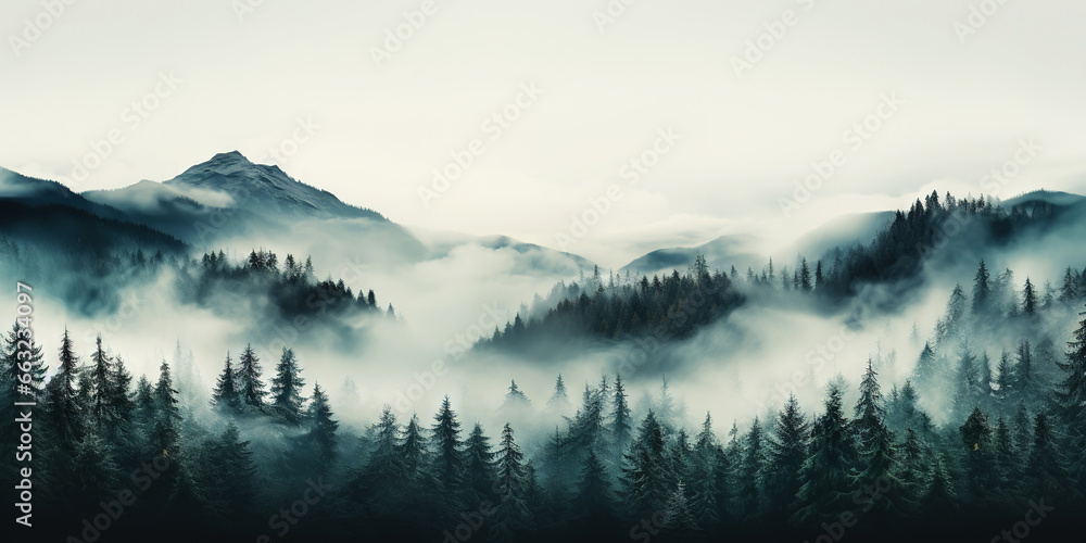 Misty mountain landscape with fir forest in vintage retro style. Generative AI