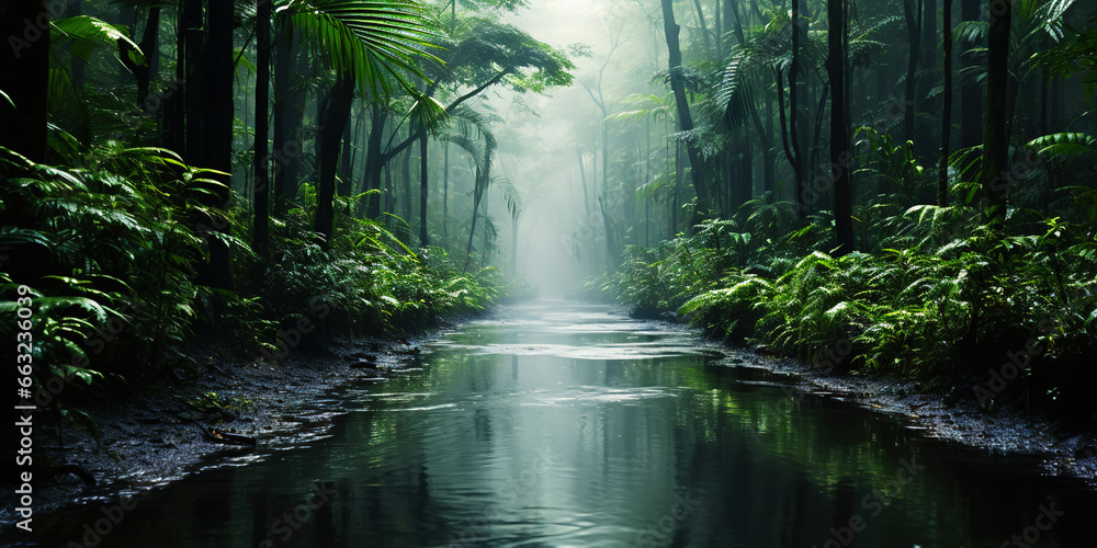 Tropical rainforest around river covered with mist. Generative AI