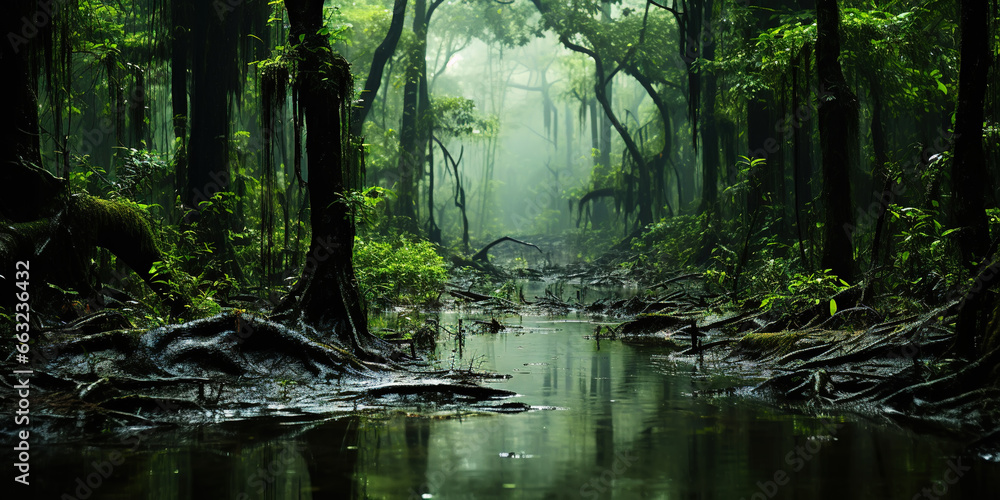 Swamp forest with a light mist. Quagmire in the spring green forest. Generative AI