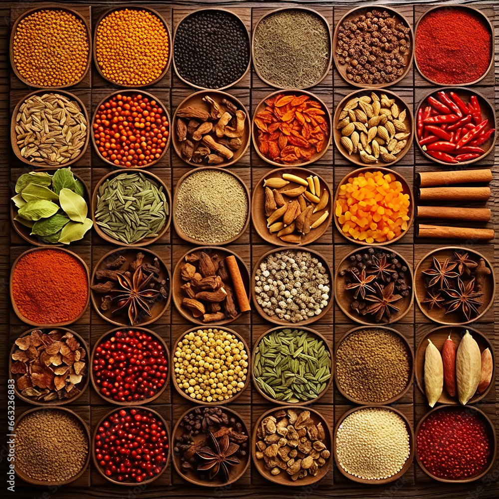 Collection of different aromatic spices and seeds in a wooden cells on black background, view from above. Generative AI