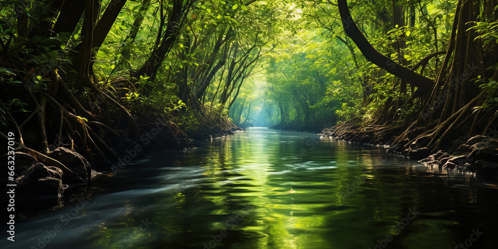 Mangrove forest and calm river in the morning. Minimalist landscape. Generative AI