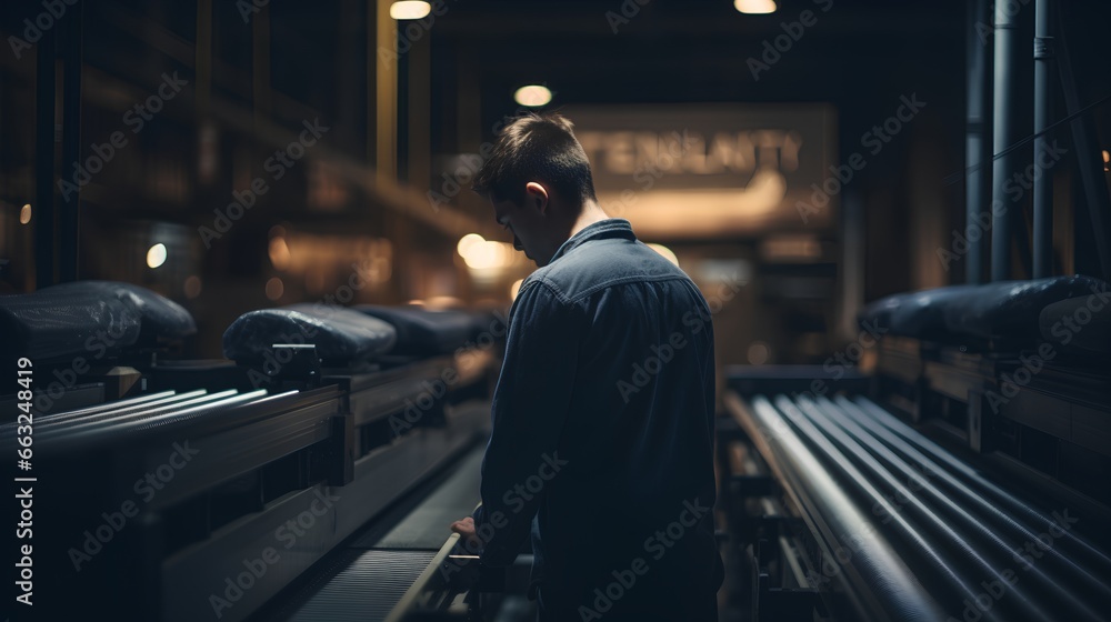 Fatigue scene with tired man standing in factory. Exhausted, depressed with long work hours and multiple jobs and night shifts. Overwork in monotonous and boring job as unhealthy for mental health.