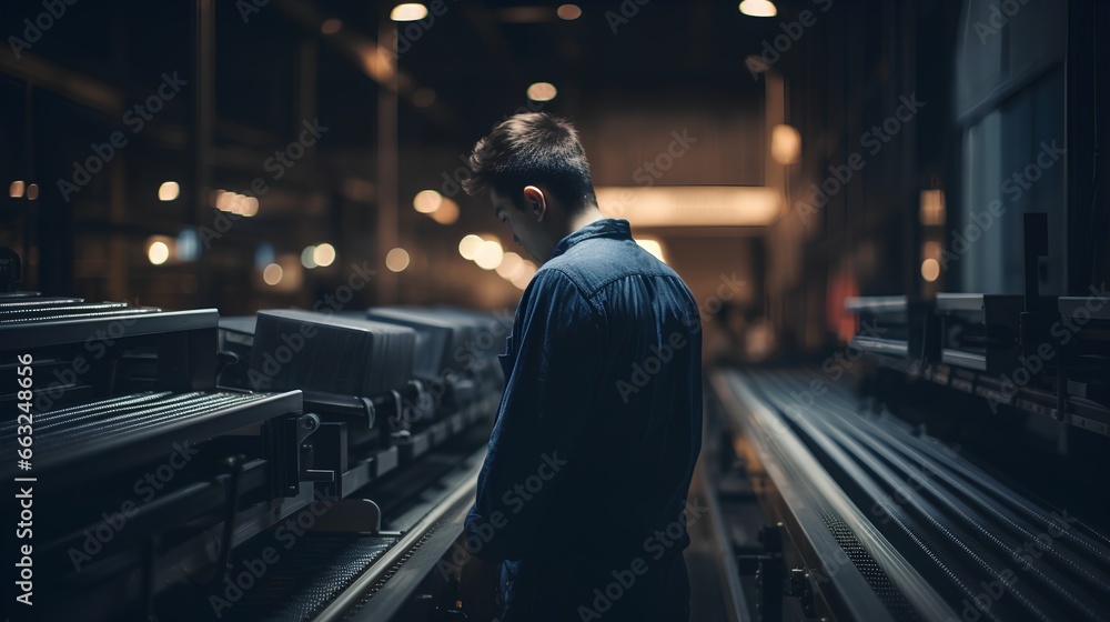 Fatigue scene with tired man standing in factory. Exhausted, depressed with long work hours and multiple jobs and night shifts. Overwork in monotonous and boring job as unhealthy for mental health.