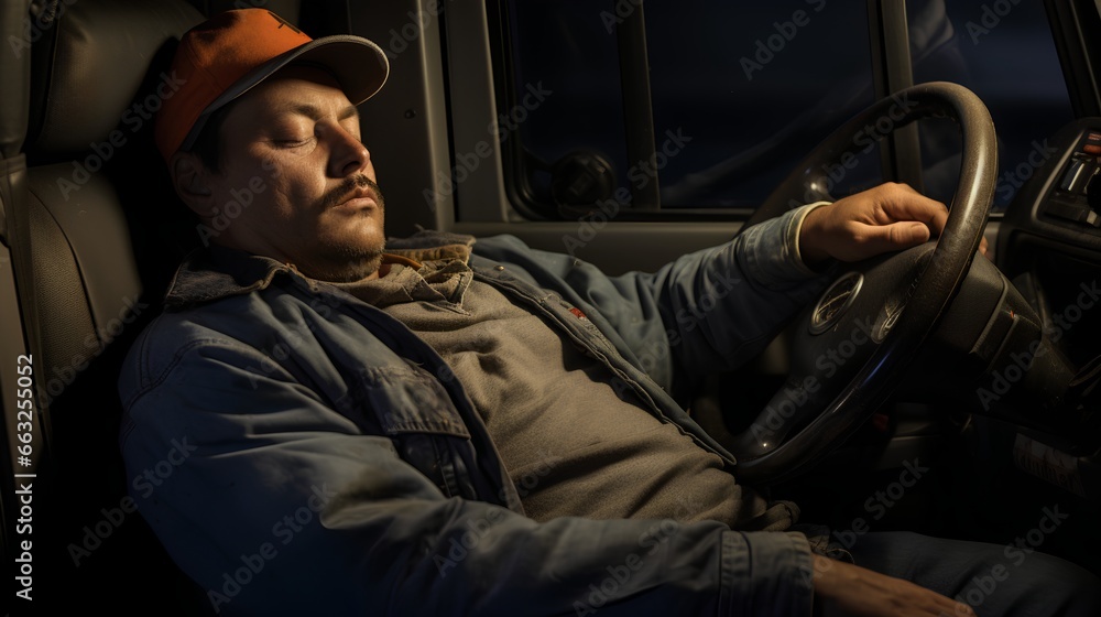 Exhausted and tired truck driver sleeping behind the steering wheel. Fatigue after long night hour shifts that are a part of his routine driving. Unhealthy lifestyle of job with long hours on road.