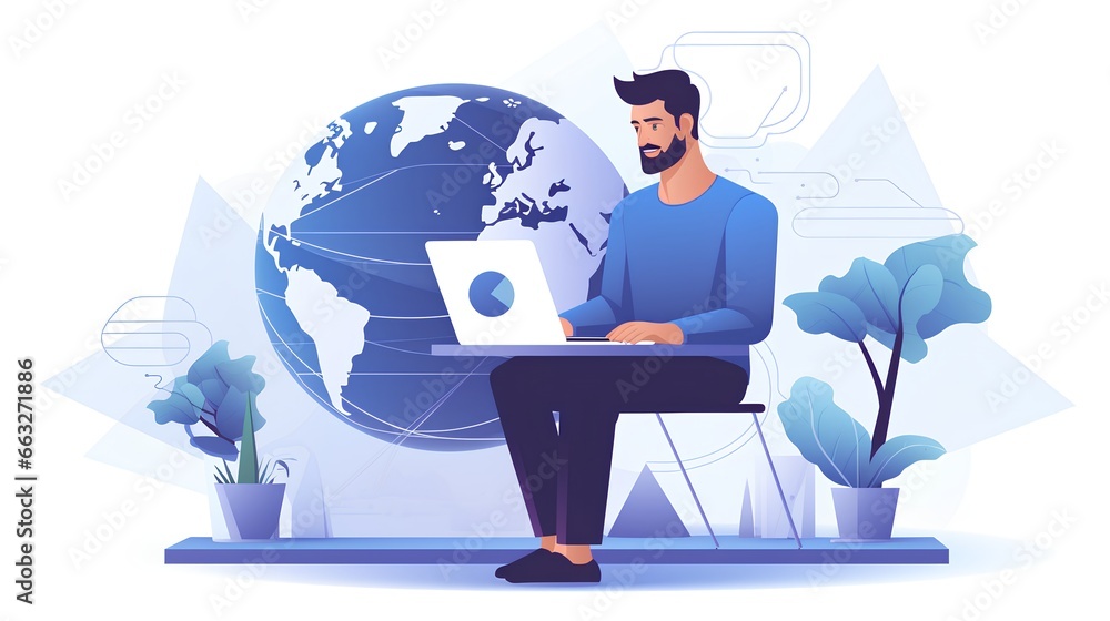 Remote work from any location in world. Flexibility of global business. International relationships with customers or suppliers. Global connectivity in remote business environment. Online conversation