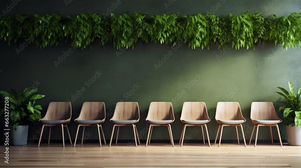 Modern, stylish waiting room in green office. Comfortable wooden chairs arranged for job interview, appointment or business meeting. Workplace with lush greenery for calming and inviting atmosphere.