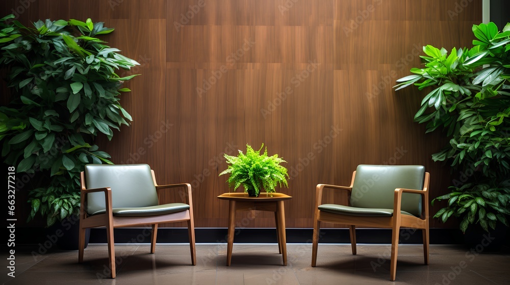 Modern, stylish waiting room in green office. Comfortable wooden chairs arranged for job interview, appointment or business meeting. Workplace with lush greenery for calming and inviting atmosphere.