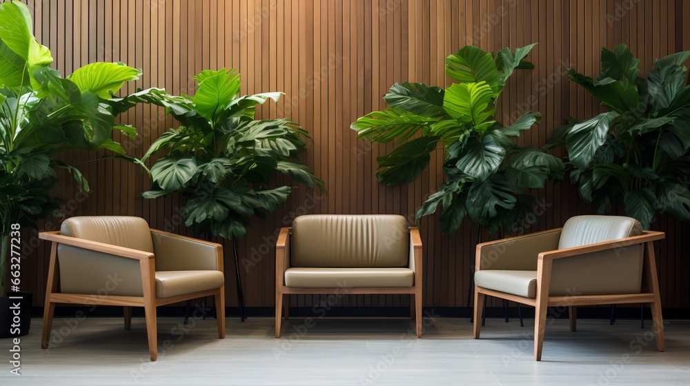 Modern, stylish waiting room in green office. Comfortable wooden chairs arranged for job interview, appointment or business meeting. Workplace with lush greenery for calming and inviting atmosphere.