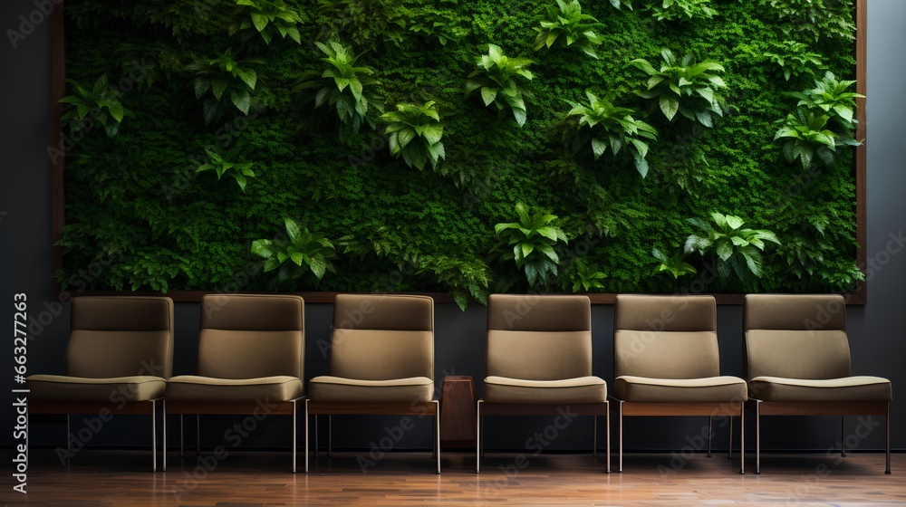 Modern, stylish waiting room in green office. Comfortable wooden chairs arranged for job interview, appointment or business meeting. Workplace with lush greenery for calming and inviting atmosphere.