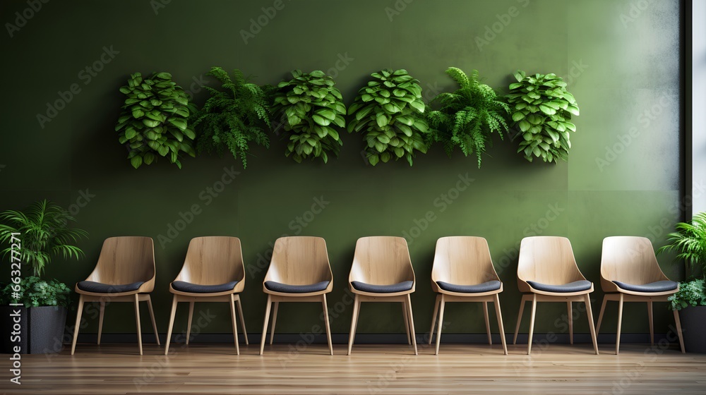 Modern, stylish waiting room in green office. Comfortable wooden chairs arranged for job interview, appointment or business meeting. Workplace with lush greenery for calming and inviting atmosphere.