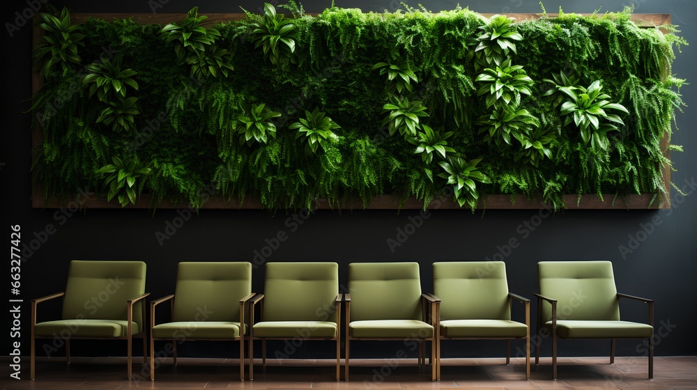 Modern, stylish waiting room in green office. Comfortable wooden chairs arranged for job interview, appointment or business meeting. Workplace with lush greenery for calming and inviting atmosphere.