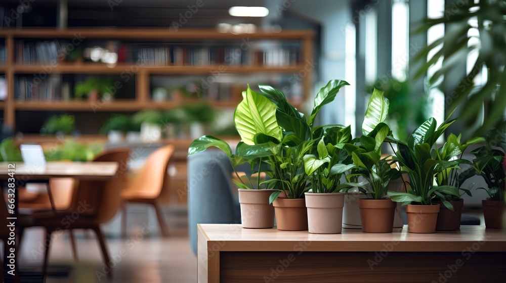 Modern office space with wooden furniture and plants in pots. Innovative startup company with green, ecofriendly environment with lush vegetation in workplace. Productive and healthy work place.