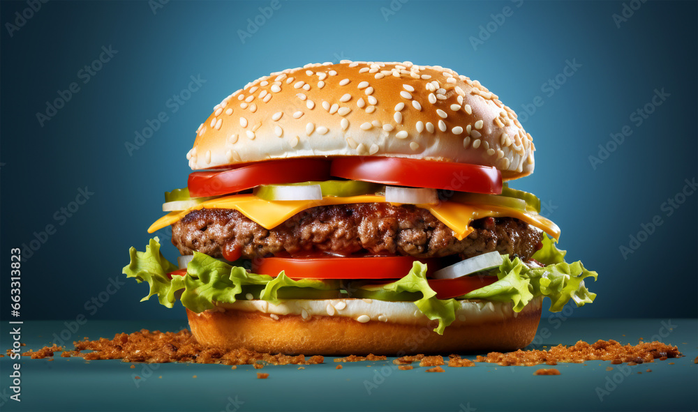 BIG HAMBURGER, AMERICAN CLASSIC FOOD. HORIZONTAL IMAGE. image created by legal AI