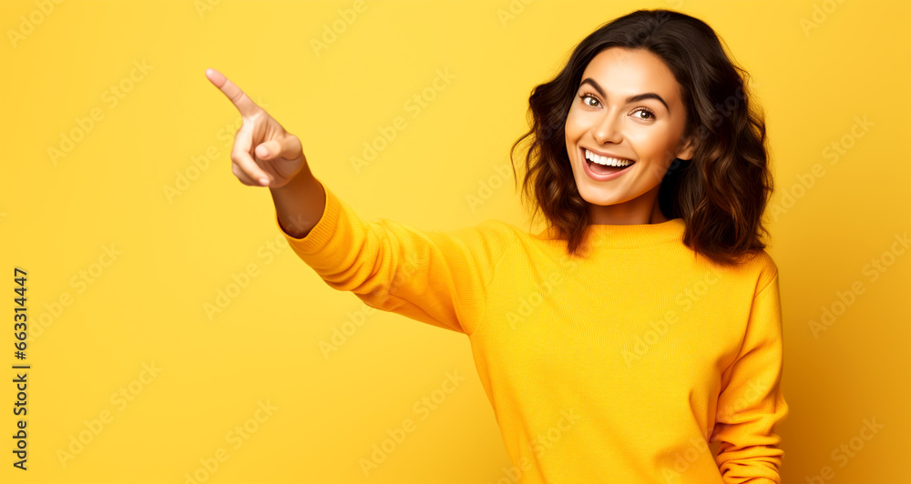 LAUGHING YOUNG WOMAN POINTING WITH A FINGER AT EMPTY SPACE. image created by legal AI