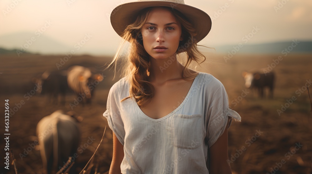 Young, empowered female farmer standing near herd of cattle. Livestock business for woman with leadership and dedication in her work. Sustainable and nature friendly farming for better future.