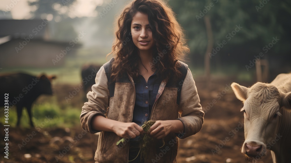 Young, empowered female farmer standing near herd of cattle. Livestock business for woman with leadership and dedication in her work. Sustainable and nature friendly farming for better future.