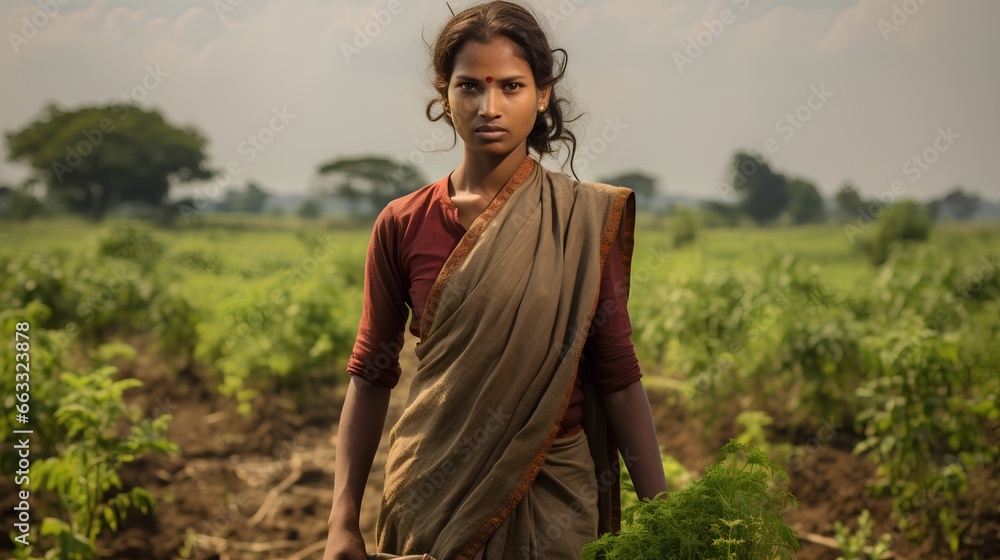 Hardworking ethnic female farmer in crops plantation work. Fair trade concept. Supporting sustainable farming practices and ethical sourcing. Woman as labor in tea fields.