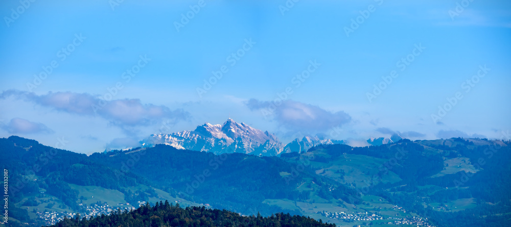 View of the Säntis mountain peak from the shores of the Upper Zurich Lake (Obersee), St. Gallen, Eastern Switzerland