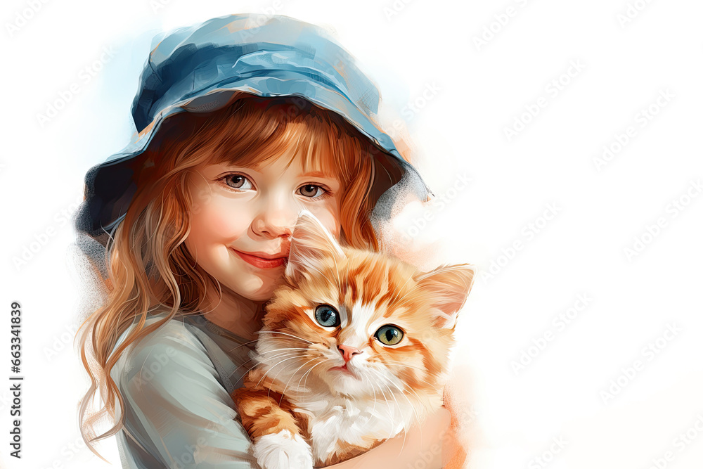 Cute smiling redhead little girl run with cat. Happy child and  kitten.