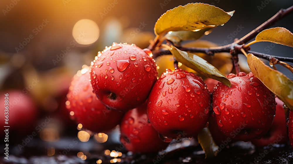 ripe juicy apples on branches covered with dew