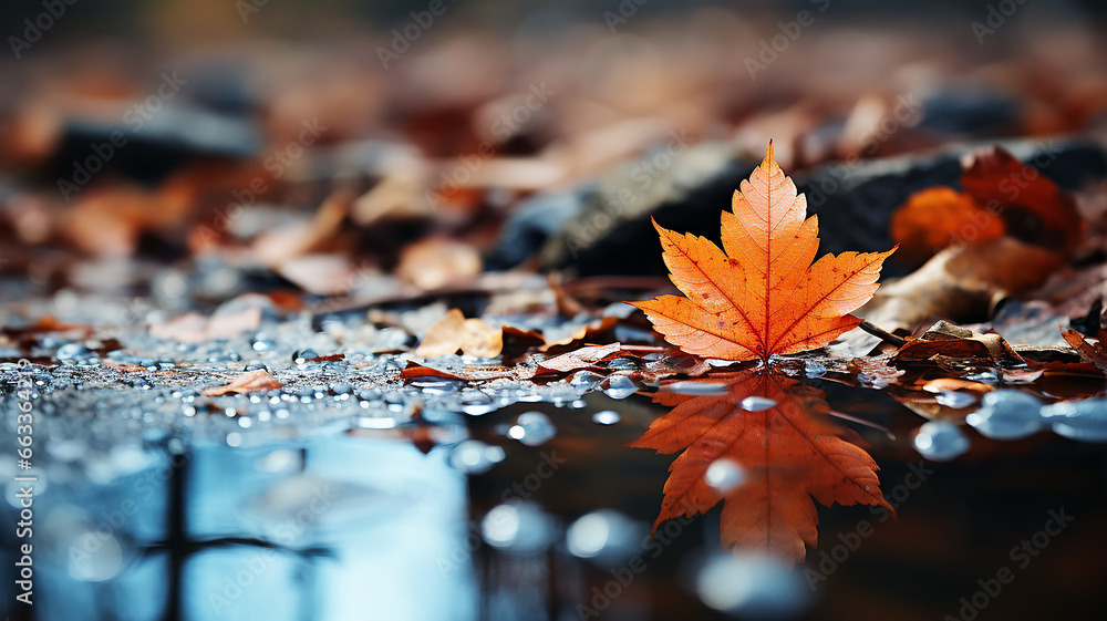 an autumn yellow leaf fell into a puddle leaving circles on the clear water.