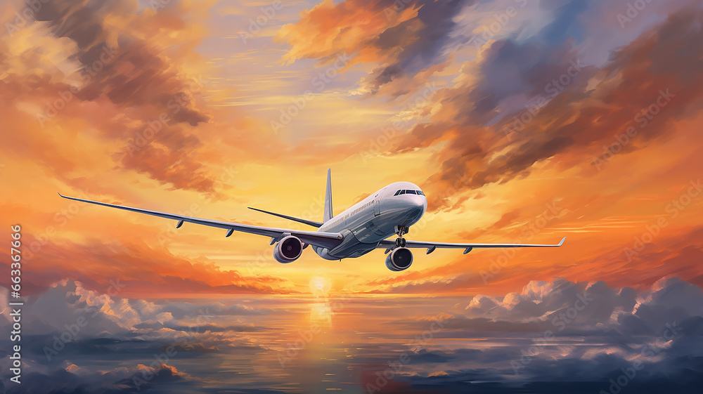 airplane against the sunset sky, flight, oil painting impressionism.