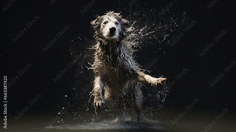 dog shakes off water studio photo black background, happiness joy.