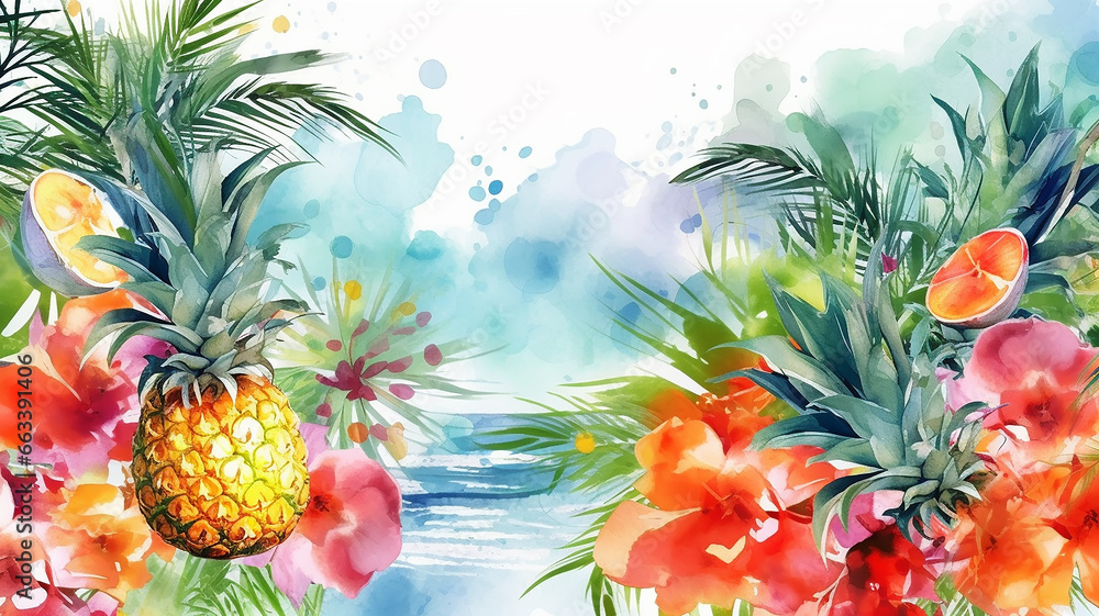 abstract summer watercolor background flowers landscape vacation.