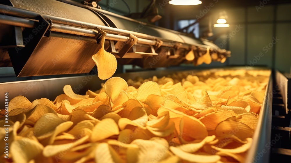 Crisps, Production of Crisps on conveyor belt in factory, Concept with automated food production.