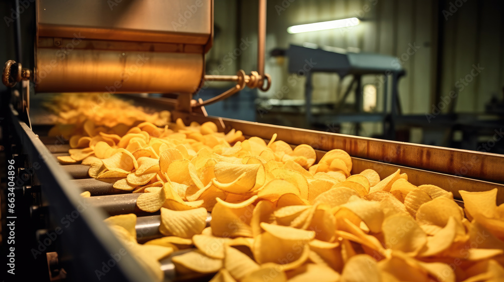 Crisps, Production of Crisps on conveyor belt in factory, Concept with automated food production.