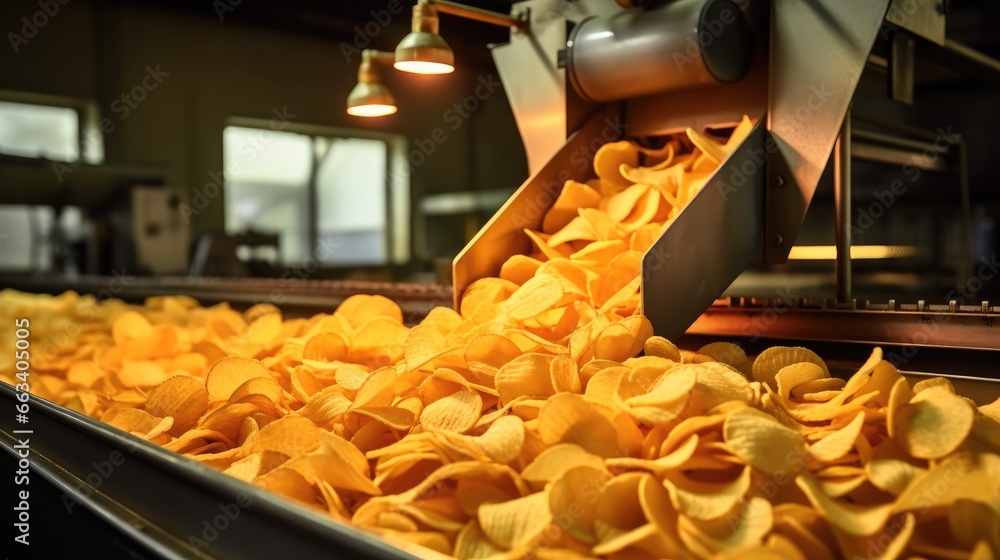 Crisps, Production of Crisps on conveyor belt in factory, Concept with automated food production.