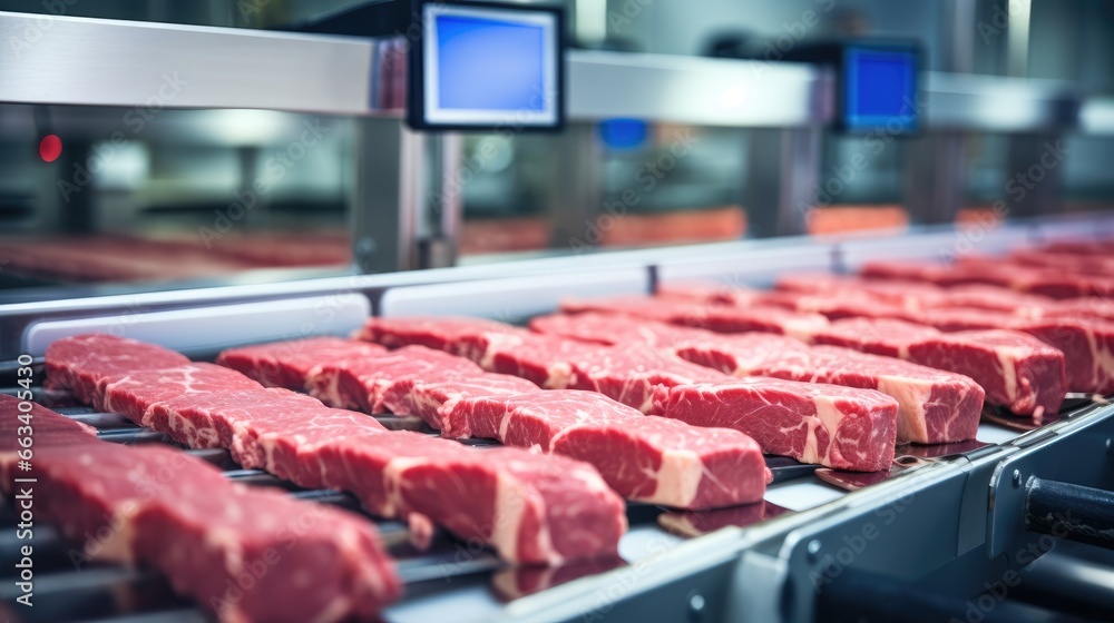 Fresh Raw Pork Chops in Meat Factory, Raw meat cuts on a industrial conveyor belt.